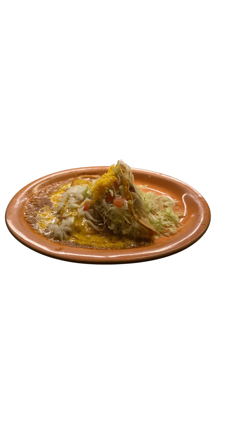 Beef enchiladas smothered in red chile sauce with rice and beans