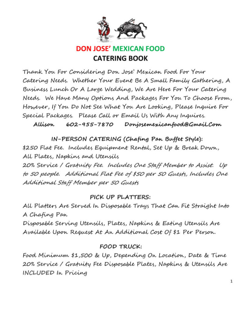 Don Jose Mexican Food catering 2024 menu - page 1 image